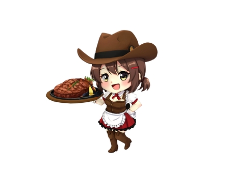焼き肉店やステーキハウスでお肉を持つ店員 ステーキ,焼肉,店員,帽子,エプロン,女性,可愛いのイラスト素材
