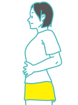 お腹を押さえる女性 女性,横向き,側面,お腹,さする,マッサージ,押さえる,深呼吸,上半身,10代のイラスト素材