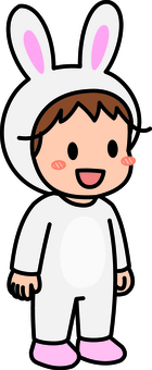 白のうさぎコスの男の子です。 うさぎ,着ぐるみ,シンプル,コスプレ,コスチューム,動物,ぬいぐるみ,イベント,パーティー,男の子のイラスト素材