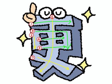 更　漢字　書き順あり 更,フォント,漢字,立体,文字絵,目,書き順,矢印,7画,可愛いのイラスト素材