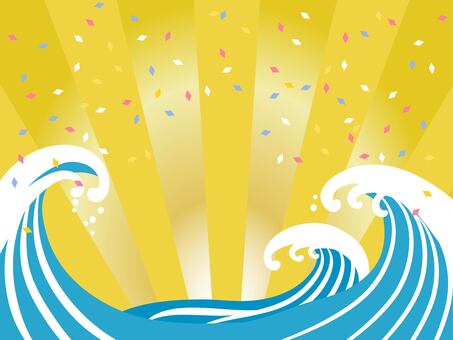 浮世絵風の波しぶきと日の出のフレーム2 波しぶき,日の出,フレーム,荒波,波,初日の出,紙吹雪,年賀状,お正月,縁起のイラスト素材