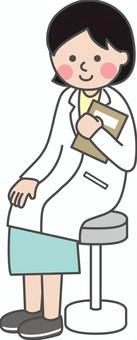 冊子を持ち椅子に座る白衣の女性 女性,白衣,医師,校医,保健士,カウンセラー,薬剤師,先生,座る,丸椅子のイラスト素材