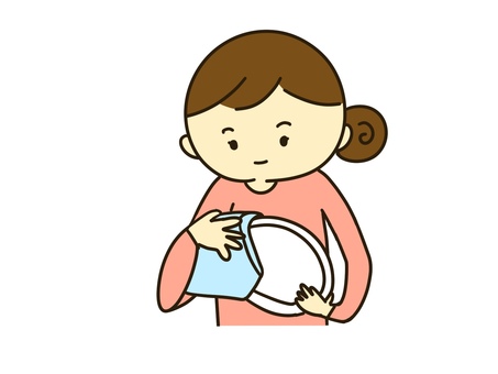 お皿を拭く女性（笑顔） 女性,主婦,皿洗い,家事,皿,布巾,笑顔,お団子ヘア,家政婦,単品のイラスト素材