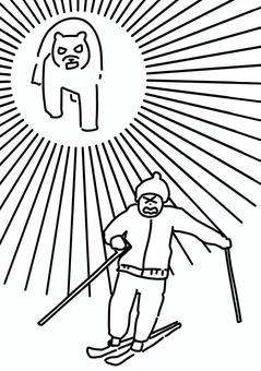 スキー中クマから逃げる　線画 クマ,スキー,トラブル,避難,線画のイラスト素材