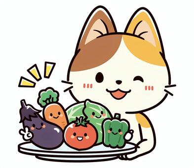 野菜を食べようとオススメする可愛い三毛猫 野菜,トマト,ナス,ピーマン,ニンジン,栄養,キャベツ,食事,健康的,栄養バランスのイラスト素材