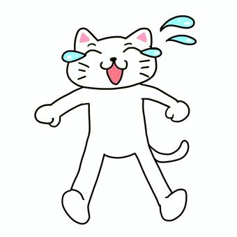 泣き笑いする白猫　全身 ねこ,白猫,動物,キャラ,ポップ,かわいい,泣き笑い,涙,汗,泣くのイラスト素材