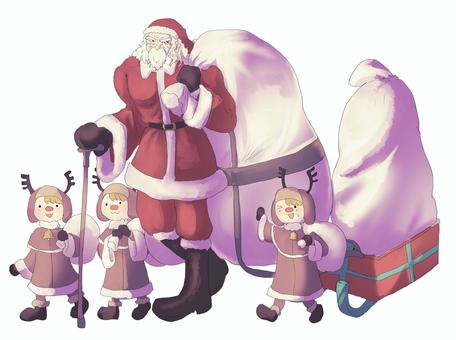 サンタクロースとトナカイ達背景透過版 サンタクロース,クリスマス,トナカイ,プレゼント袋,老人,子供,イラストのイラスト素材