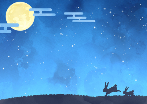 水彩風お月見_横A うさぎ,お月見,和風,水彩,秋,月,キラキラ,幻想的,夜空,夜のイラスト素材