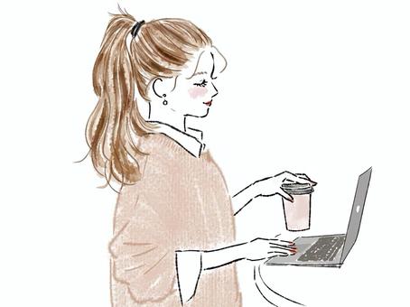 女性 pc ポニーテール　仕事　コーヒー　 女性,pc,ポニーテール,ビジネス,仕事,横顔,机,デスク,テーブル,キーボードのイラスト素材