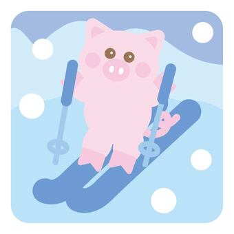 スキー（こぶた） こぶた,スキー,ストック,雪,冬,正面,全身,ピンク色,茶色,笑顔のイラスト素材