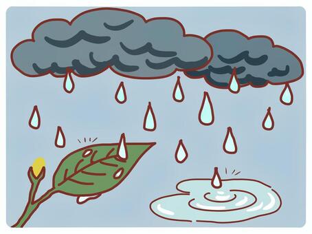 雨の雫のシンプルなイラスト 雨雲,雨粒,雫,悪天候,葉,水滴,水たまり,手書き,挿絵のイラスト素材