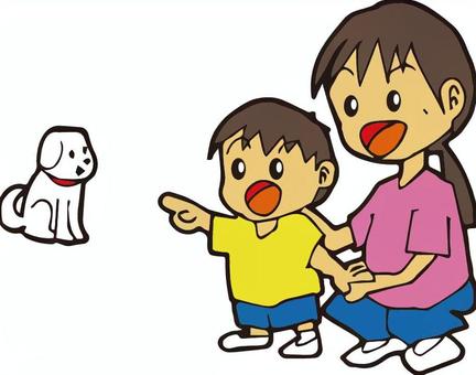 三項関係 子ども,男の子,指差し,犬,女性,母親,三項関係,親子のイラスト素材