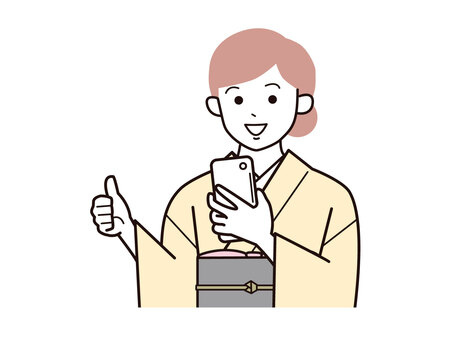 スマホグッドサイン着物女性A左向／カラー スマホ,親指,サイン,女性,お母さん,着物,講師,20代,30代,40代のイラスト素材