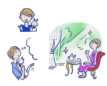 優雅にくつろぐ女性コミカルイラスト 優雅にくつろぐ女性コミカルイラスト 女性,くつろぐ,日常,生活,リラックス,思案,考え事,猫,コーヒー,紅茶のイラスト素材