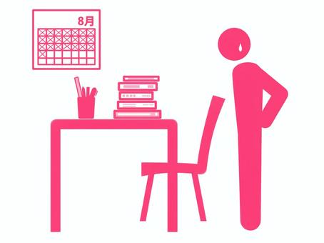 夏休みの宿題が終わらず焦る人（赤） 夏休み,7月,8月,9月,カレンダー,計画表,予定,宿題,課題,休暇のイラスト素材