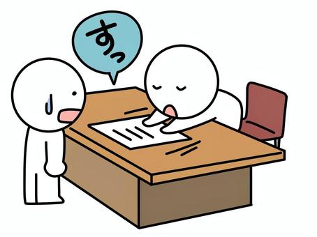 すっと書類を突き返す棒人間 棒人間,書類,返す,テーブル,2人,駄目,ダメだし,焦る,困る,かわいいのイラスト素材