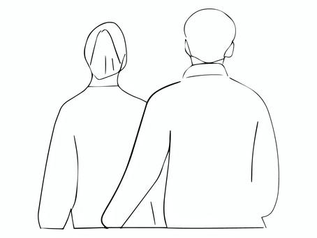 モノクロの寄り添うカップルの後ろ姿 カップル,男女,後ろ姿,手繋ぎ,寄り添う,2人,歩く,人物,デート,手書きのイラスト素材