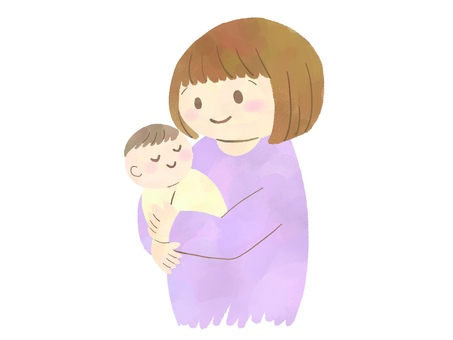 赤ちゃんと母親のイラスト（水彩風・紫） 赤ちゃん,ベビー,新生児,乳児,子供,親,母,ママ,お母さん,女性のイラスト素材