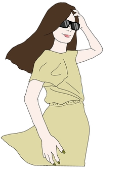 髪をなびかせる女性5 人物,女性,サングラス,ロングヘア,マニキュア,ワンピース,風のイラスト素材