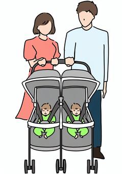 双子専用ベビーカーと乳児と夫婦　カラー 双子,専用,ベビーカー,赤ちゃん,夫婦,親子,カラーのイラスト素材