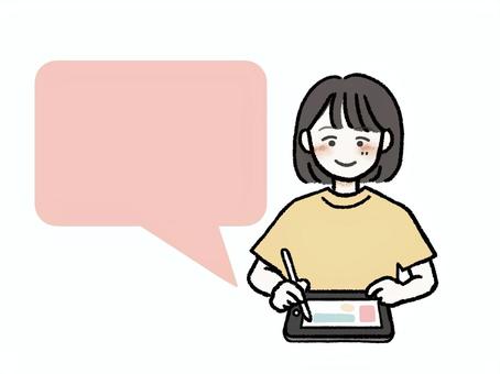 タブレット学習をする女の子・吹き出し 子ども,タブレット,吹き出し,ふきだし,学習,操作,端末,授業,タブレット学習,勉強のイラスト素材
