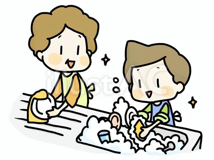皿洗いを手伝う子ども 皿洗い,家事,手伝いのイラスト素材