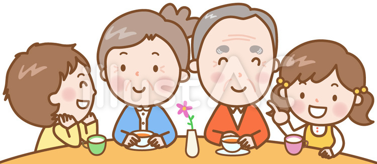 老夫婦と孫たち：お茶 老夫婦,孫,おじいさんのイラスト素材