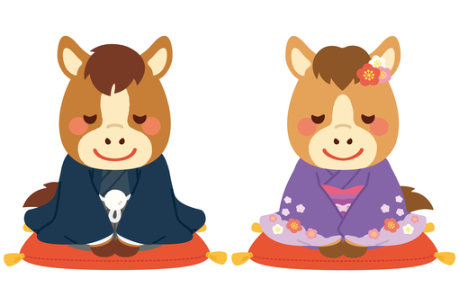 新年の挨拶でお辞儀する着物姿の可愛い馬達 年賀状,午年,馬,お正月,2026年,干支,十二支,1月,元旦,かわいいのイラスト素材