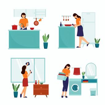 Illustration, household chores, clean up, washing up, 