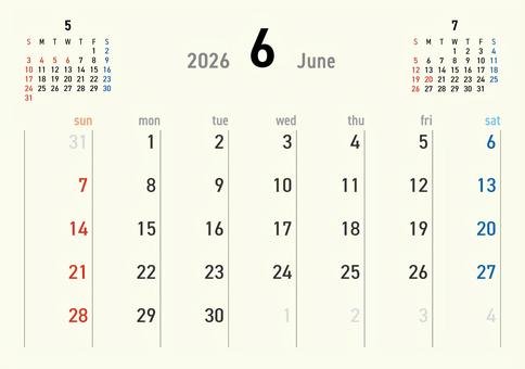 2026カレンダーA3 6月 256 カレンダー,2026年,6月,水無月,june,令和8年,日曜始まり,スケジュール,1年,月のイラスト素材