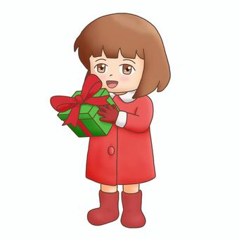 プレゼントを持つ女の子（冬のイラスト） 女の子,子ども,冬,冬服,コート,ブーツ,プレゼント,ギフト,クリスマス,ほのぼののイラスト素材