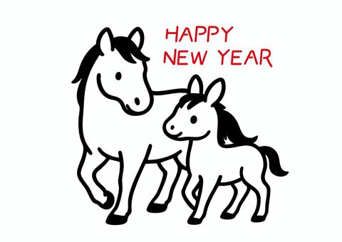親子の馬の年賀状素材ラインアートイラスト 馬,親子,家族,ウマ,かわいい,可愛い,動物,干支,走る,疾走のイラスト素材