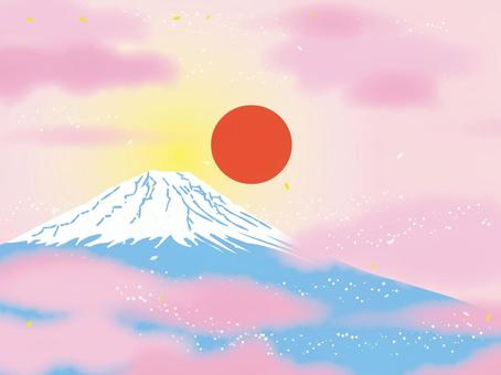桃色富士山と雲の背景 日の出,朝明け,初日の出,富士山,朝日,正月,年賀状,年賀,年賀はがき,元旦のイラスト素材