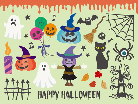 ハロウィン素材-8 ハロウィン,秋,10月,素材,おばけ,ゴースト,目玉,虫,パンプキン,ジャックオーランタンのイラスト素材