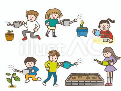 じょうろで水やりをする小学生