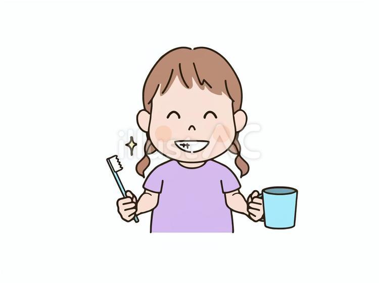 歯磨きをする子供「いー」_みつあみ 子供,園児,幼児のイラスト素材