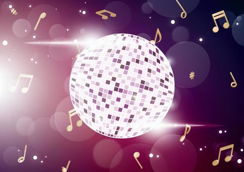 キラキラした紫色のミラーボールと音符 音楽,音符,記号,ミラーボール,光,フレア,玉ボケ,背景のイラスト素材