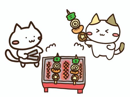 屋外でバーベキューを楽しむかわいい猫たち バーベキュー,bbq,キャンプ,焼肉,動物,ねこ,レジャー,休日,アウトドア,パーティーのイラスト素材