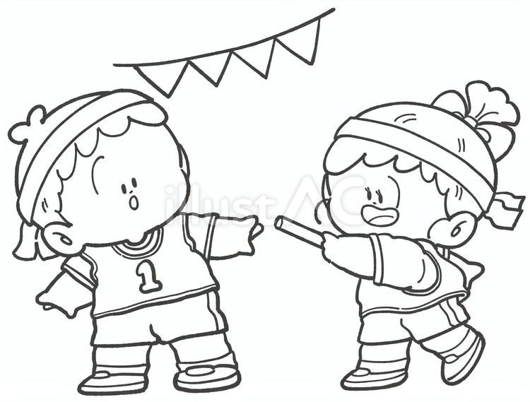 運動会のリレーの白黒手描きイラスト リレー,運動会,白黒のイラスト素材