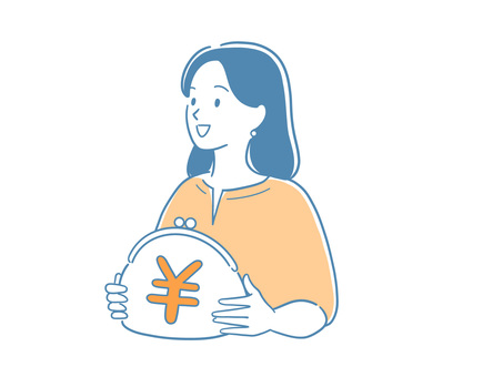 がま口財布を持って笑顔の女性 財布,がま口財布,お金,¥,女性,人物,シンプル,貯まる,貯金,貯蓄のイラスト素材