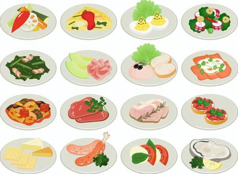 小皿にのった洋風おつまみ 小皿にのった洋風おつまみ おつまみ,バル,居酒屋,ピクルス,スパニッシュオムレツ,スタッフドエッグ,青菜ソテー,生ハムメロン,タラモサラダ,サーモンマリネのイラスト素材