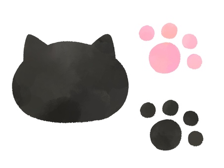 水彩手描きの黒猫の顔と肉球セット 猫,黒猫,動物,ペット,肉球,足跡,水彩,手描き,アイコン,かわいいのイラスト素材