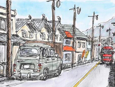 昔のメインストリート 風景画,風景,水彩画,スケッチ,ペンスケッチ,通り,旧市街,レトロ,レトロカー,バスのイラスト素材