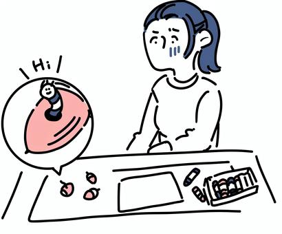 拾ってきたどんぐりから虫が出てきた女性 秋,9月,10月,11月,女性,お母さん,どんぐり,クレヨン,画用紙,机のイラスト素材