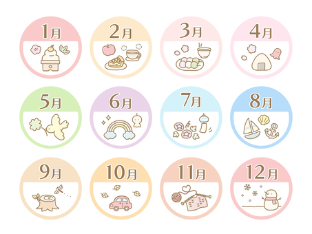 1年のイラスト素材セット05 1月,鏡餅,梅,笹,正月,2月,りんご,アップルパイ,紅茶,3月のイラスト素材