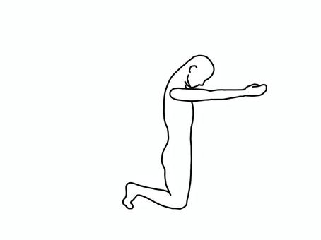足を立て膝立ちし下を見て腕を前へ伸ばす人 膝立ち,頚前屈,エクササイズ,横向き,線画,白黒のイラスト素材