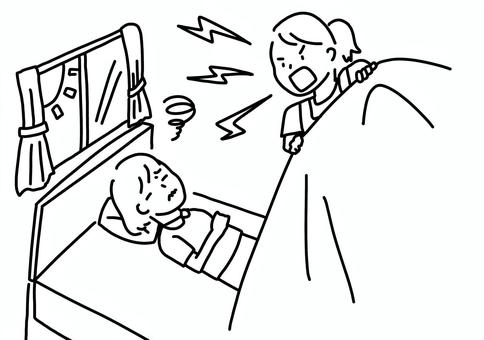 起きれない女児と起こす母親　線画 低血圧,母親,子供,女児,朝,ベッド,布団,大声,線画のイラスト素材