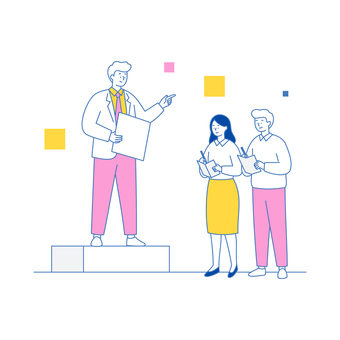 説明する男性とメモを取る男女 人物,ビジネス,男女,説明,指導,学習,研修,メモ,会議,仕事のイラスト素材