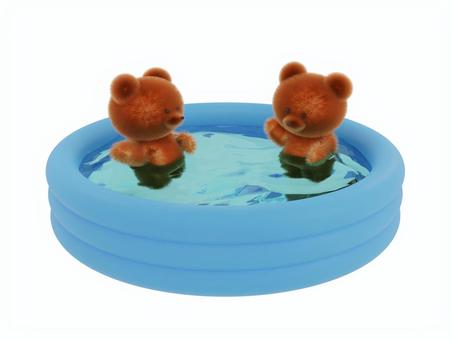 子ども用ビニールプールで水遊びするクマ プール,ビニールプール,夏,プール遊び,遊び,外遊び,夏休み,イラスト,夏夏,水のイラスト素材