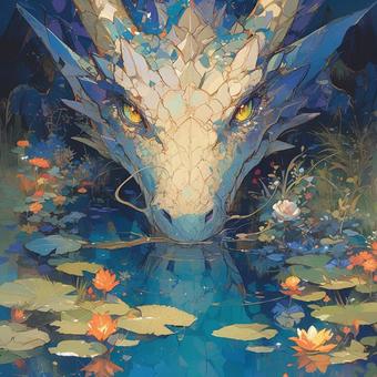 Illustration, dragon, pool, lotus, 